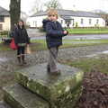 Fred stands on some stone steps by the church, A Trip to Spreyton, Devon - 24th December 2012