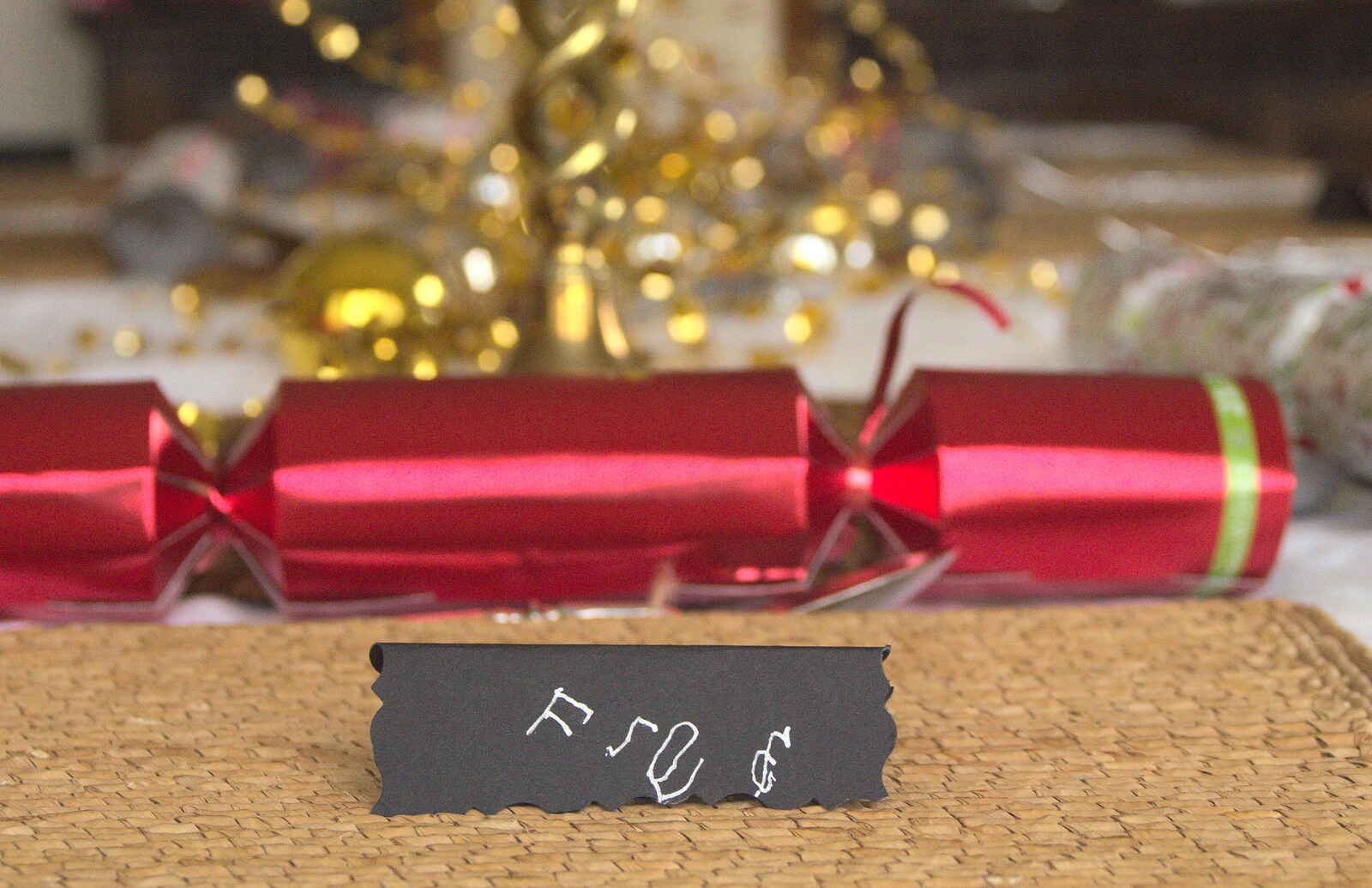 Fred's written up his own name tag from Christmas Day in Spreyton, Devon - 25th December 2012