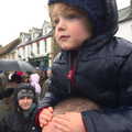 Fred clings on to Matt for a piggy-back view, The Boxing Day Hunt, Chagford, Devon - 26th December 2012