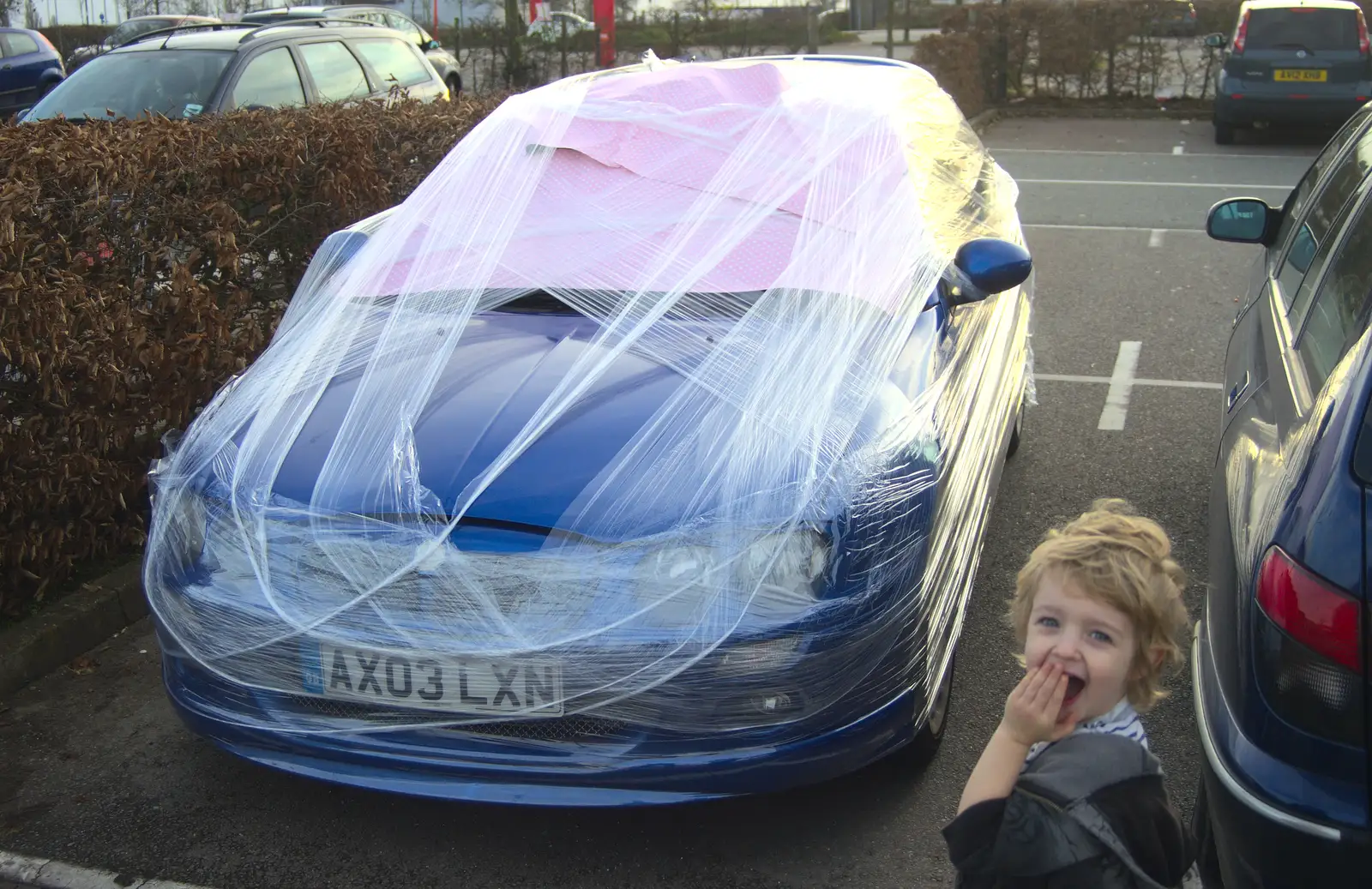 Fred finds the cling-filmed car hilarious, from New Year's Day and Lunch at the White Horse, Ipswich, Finningham and Brome - 1st January 2013