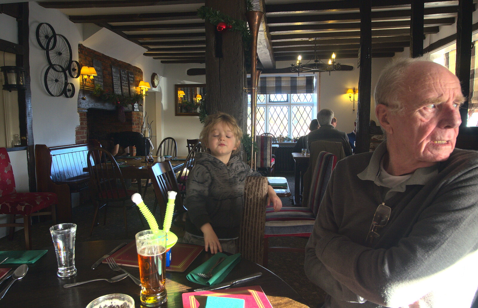 Fred and Grandad in the White Horse from New Year's Day and Lunch at the White Horse, Ipswich, Finningham and Brome - 1st January 2013