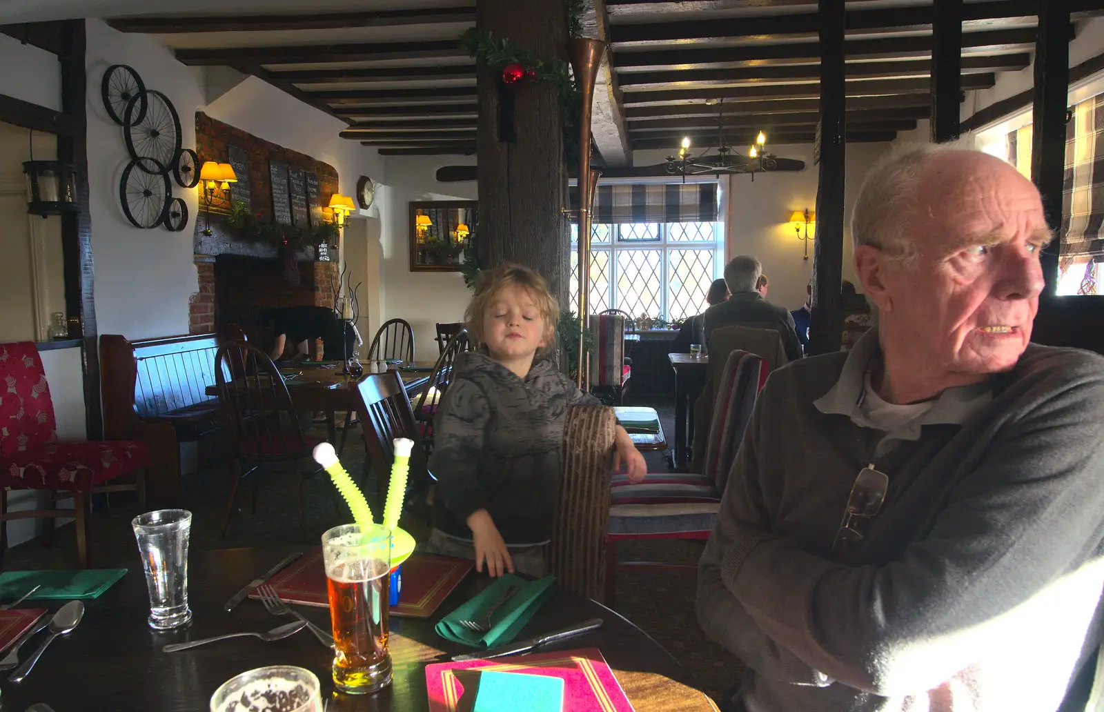 Fred and Grandad in the White Horse, from New Year's Day and Lunch at the White Horse, Ipswich, Finningham and Brome - 1st January 2013