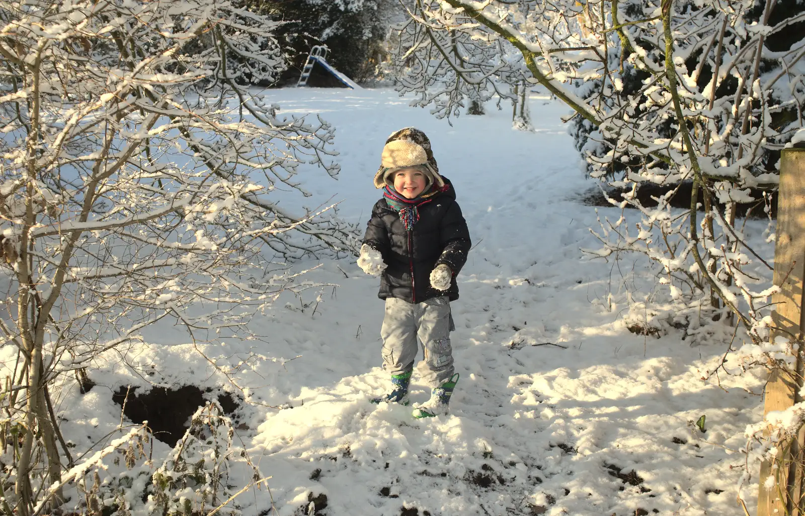 Fred's armed with snowballs, from A Couple of Snow Days, Brome, Suffolk - 16th January 2013