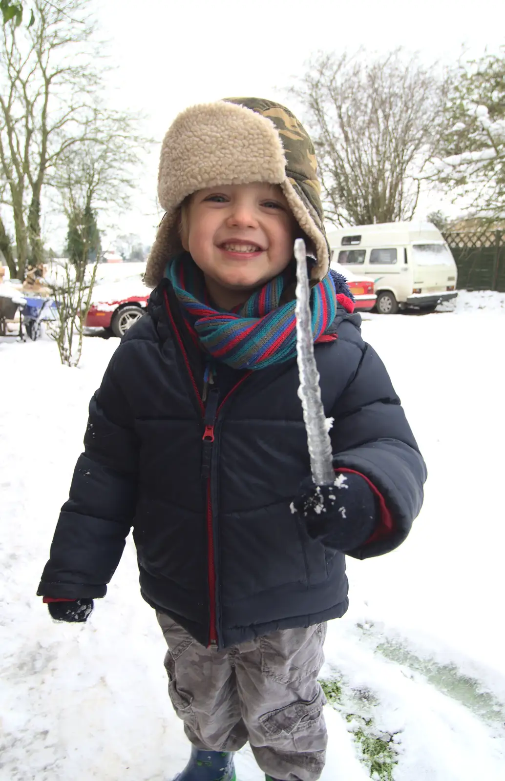 Fred's got an icicle dagger, from More Snow Days and a Wind Turbine is Built, Brome, Suffolk - 19th January 2013