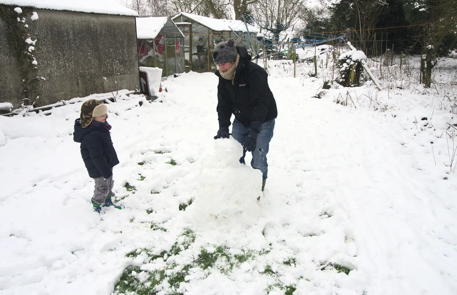 Fred and Isobel build a snowman, from More Snow Days and a Wind Turbine is Built, Brome, Suffolk - 19th January 2013