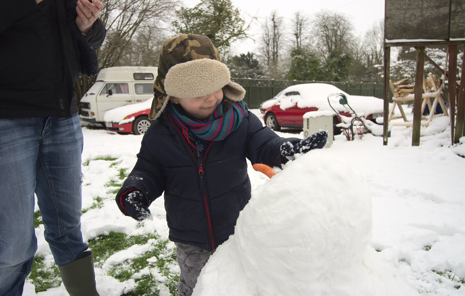 More Snow Days and a Wind Turbine is Built, Brome, Suffolk - 19th January 2013: Fred adds some eyes