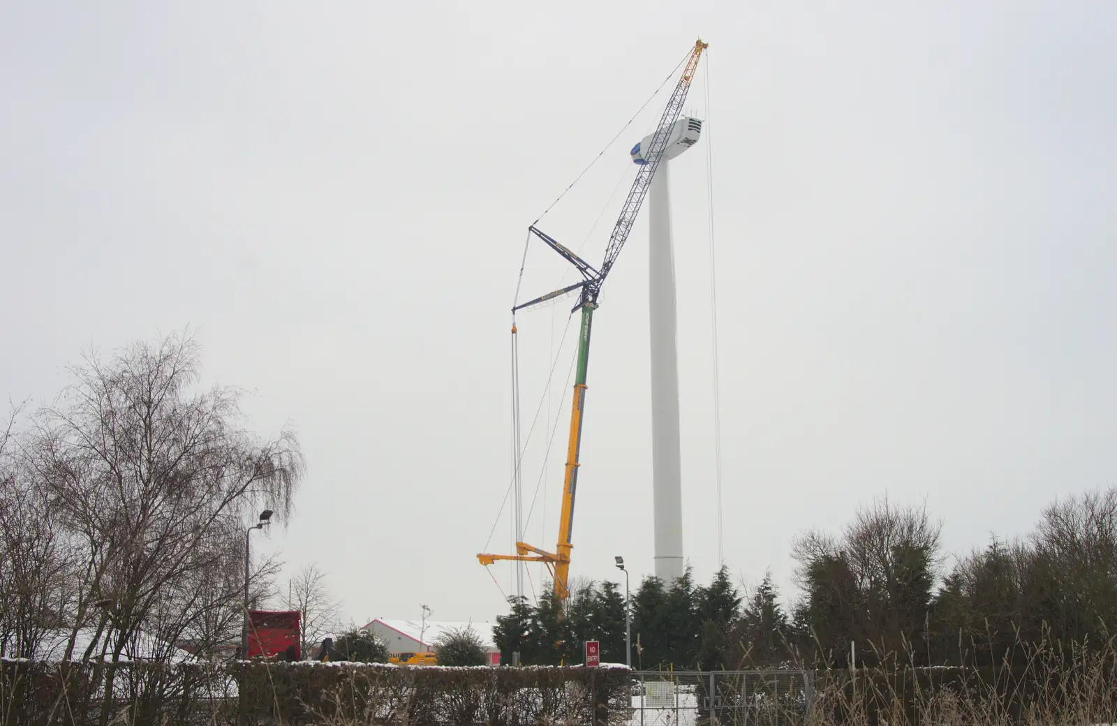 A close-up of the turbine construction, from More Snow Days and a Wind Turbine is Built, Brome, Suffolk - 19th January 2013