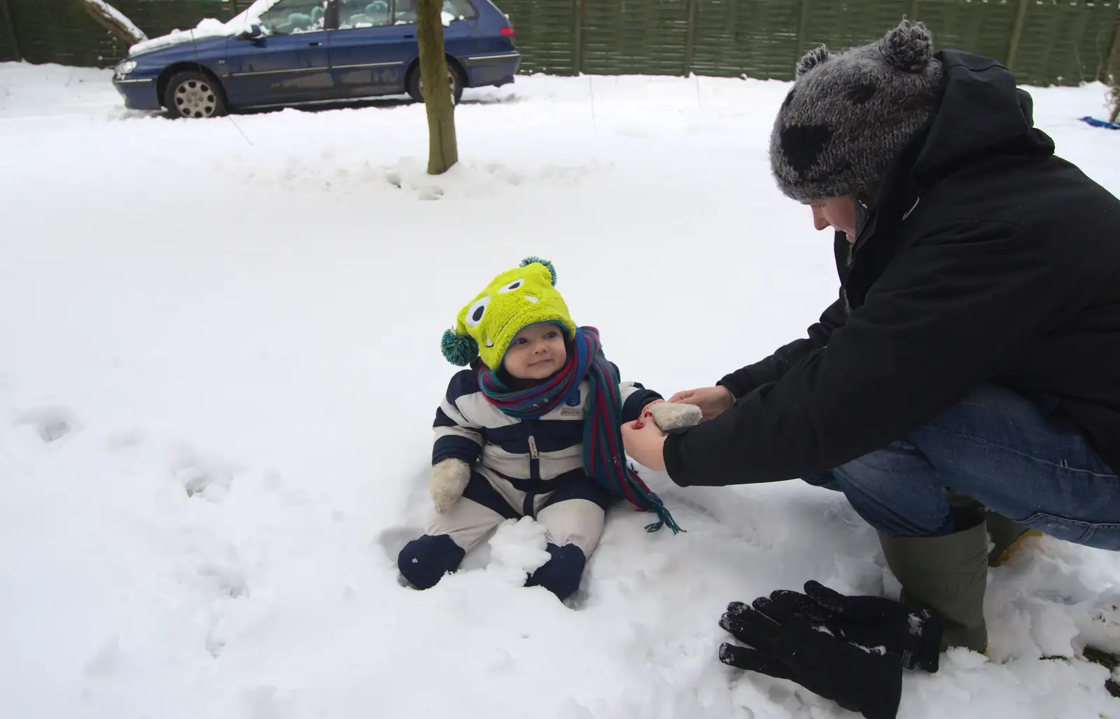 Harry gets installed in the snow, from More Snow Days and a Wind Turbine is Built, Brome, Suffolk - 19th January 2013