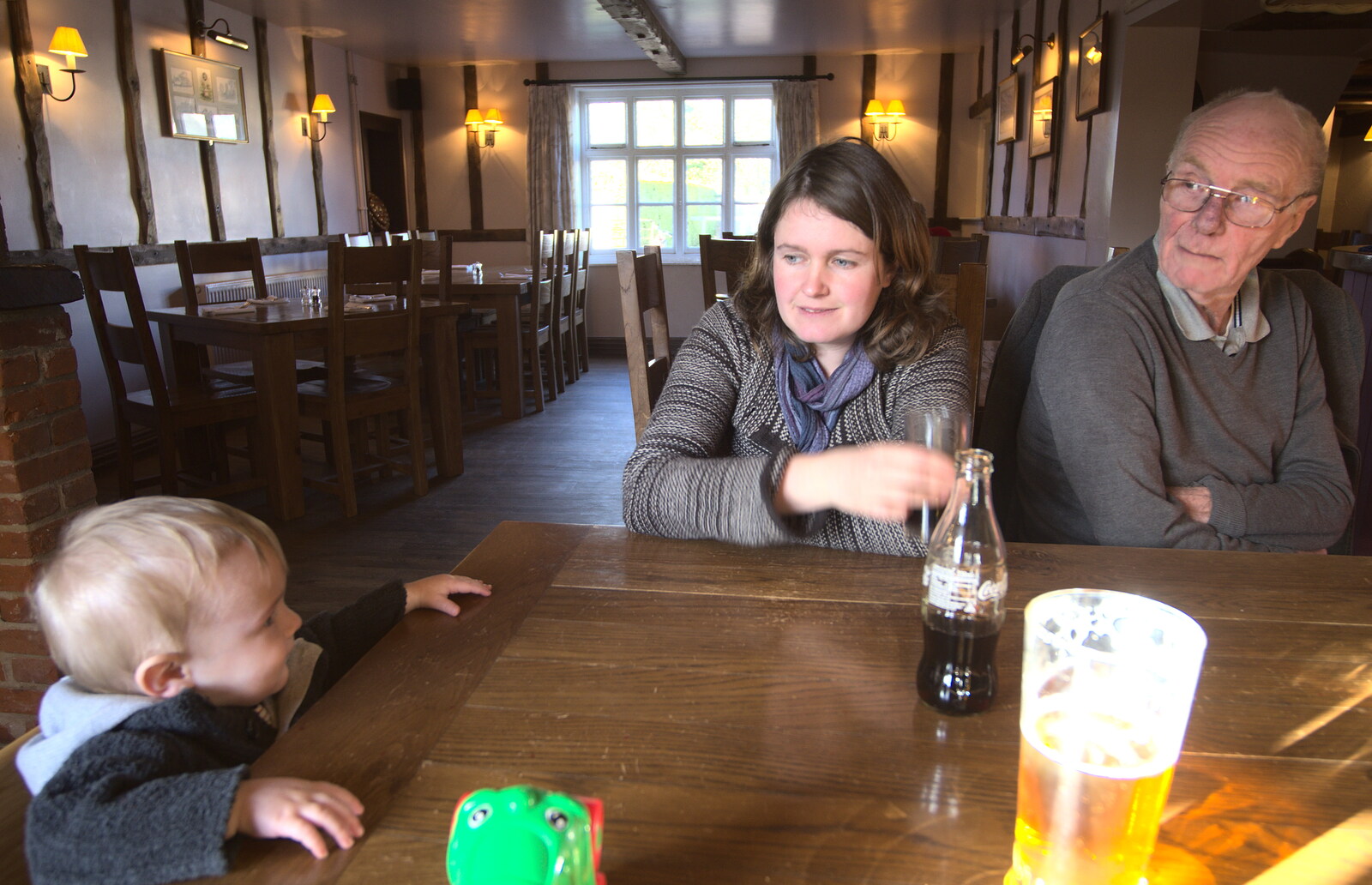 Harry, Isobel and Grandad in the Beaconsfield Arms from Flooding at the King's Bridge, and Lunch at the Beaky, Eye and Occold, Suffolk - 27th January 2013