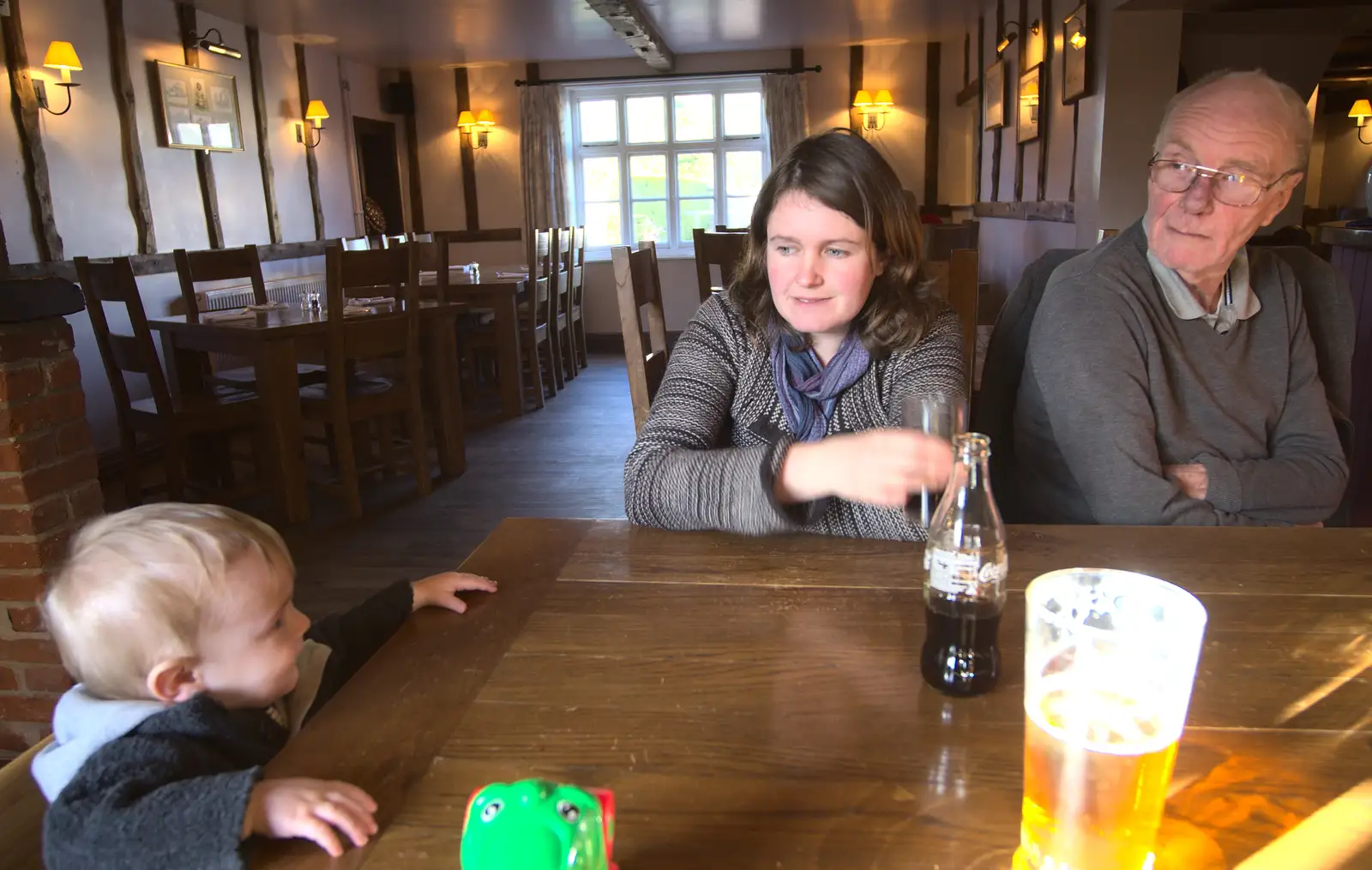 Harry, Isobel and Grandad in the Beaconsfield Arms, from Flooding at the King's Bridge, and Lunch at the Beaconsfield Arms, Suffolk - 27th January 2013