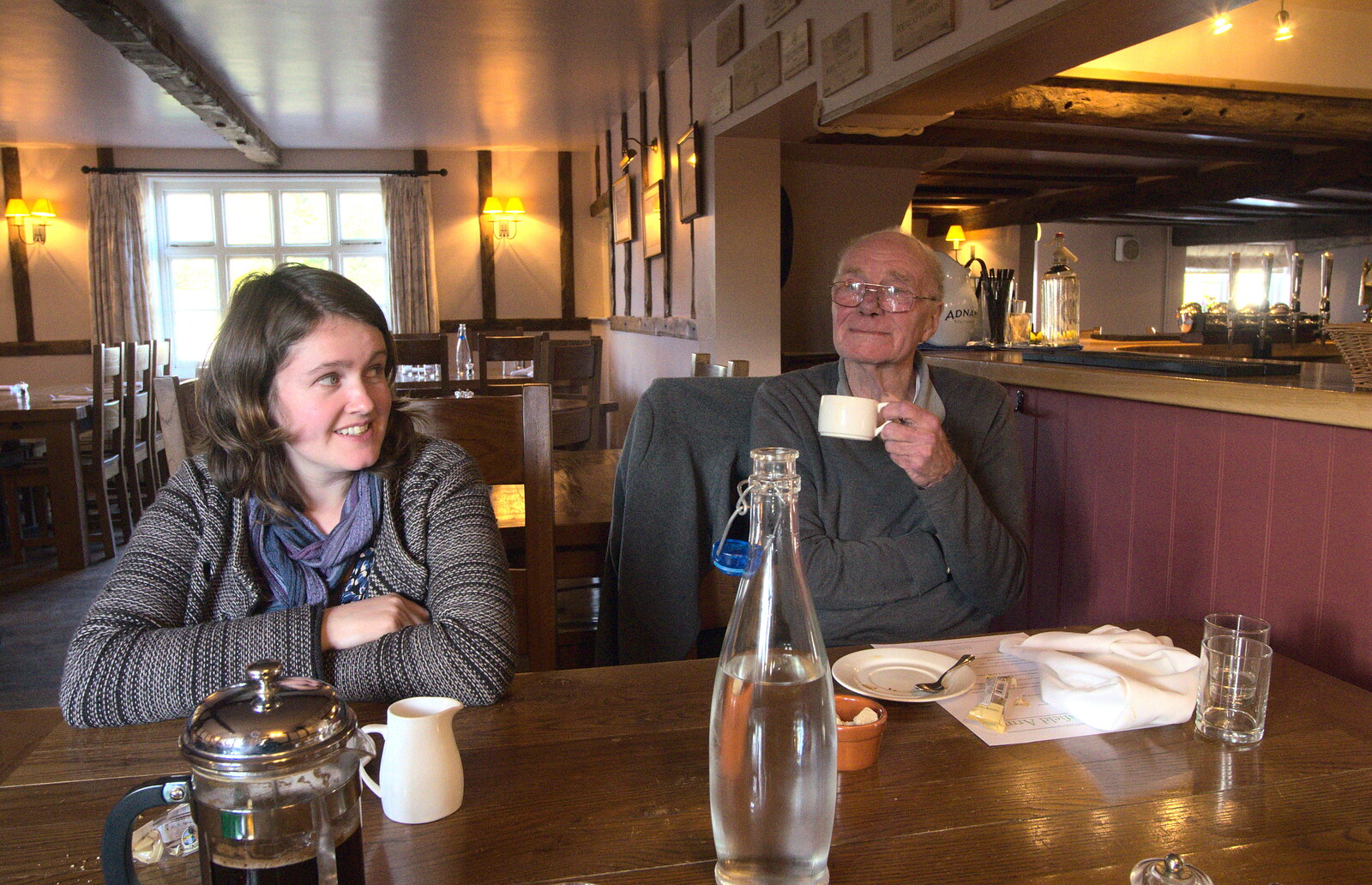 Grandad has a coffee in the Beaky from Flooding at the King's Bridge, and Lunch at the Beaky, Eye and Occold, Suffolk - 27th January 2013