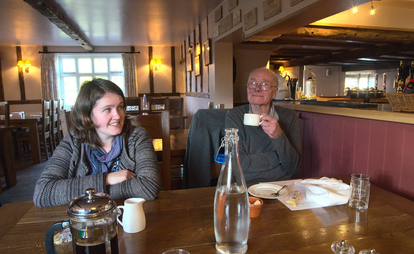 Grandad has a coffee in the Beaky, from Flooding at the King's Bridge, and Lunch at the Beaconsfield Arms, Suffolk - 27th January 2013