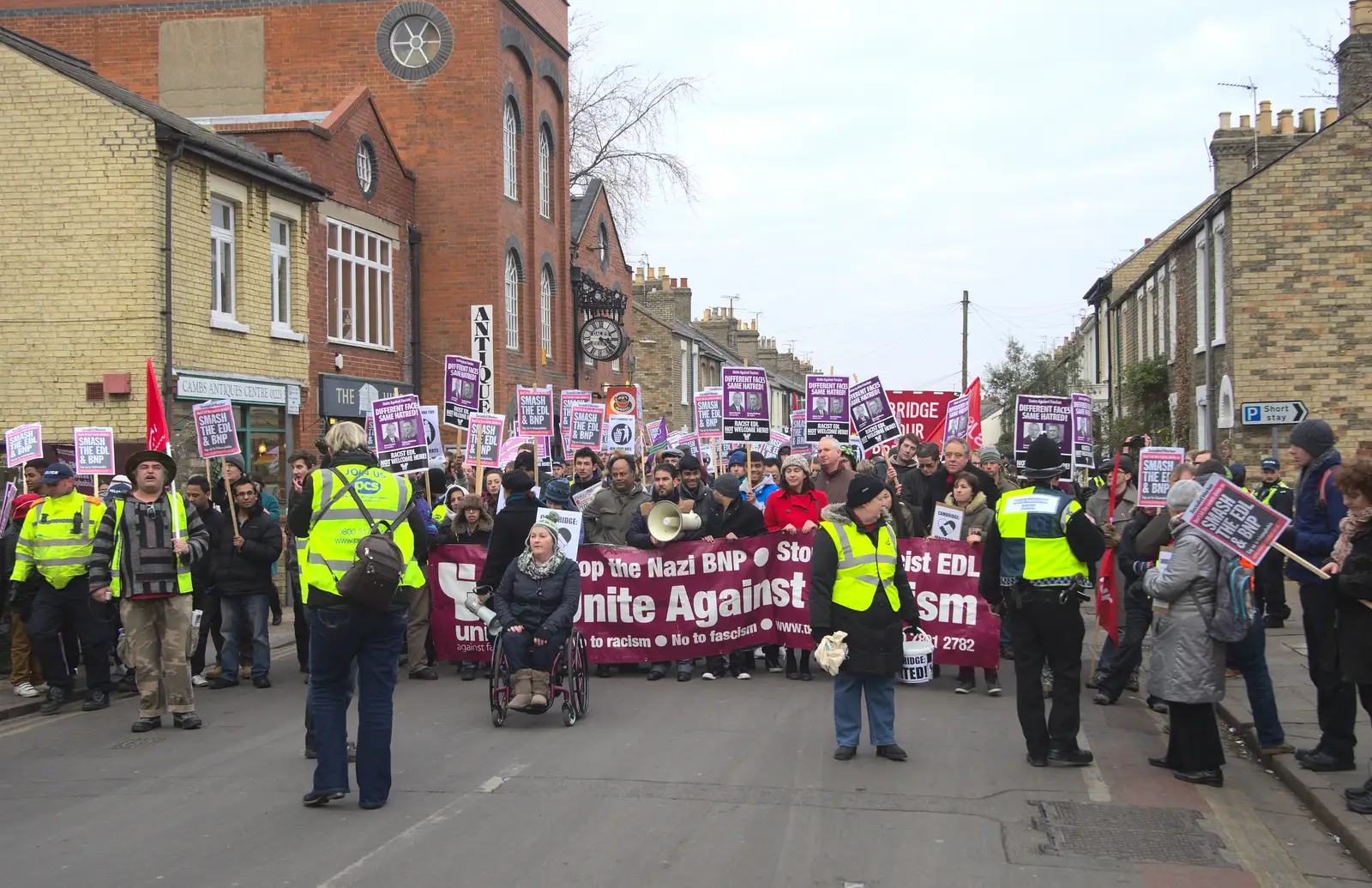 The massed marchers are stopped on Gwydir Street, from An Anti-Fascist March, Mill Road, Cambridge - 23rd February 2013