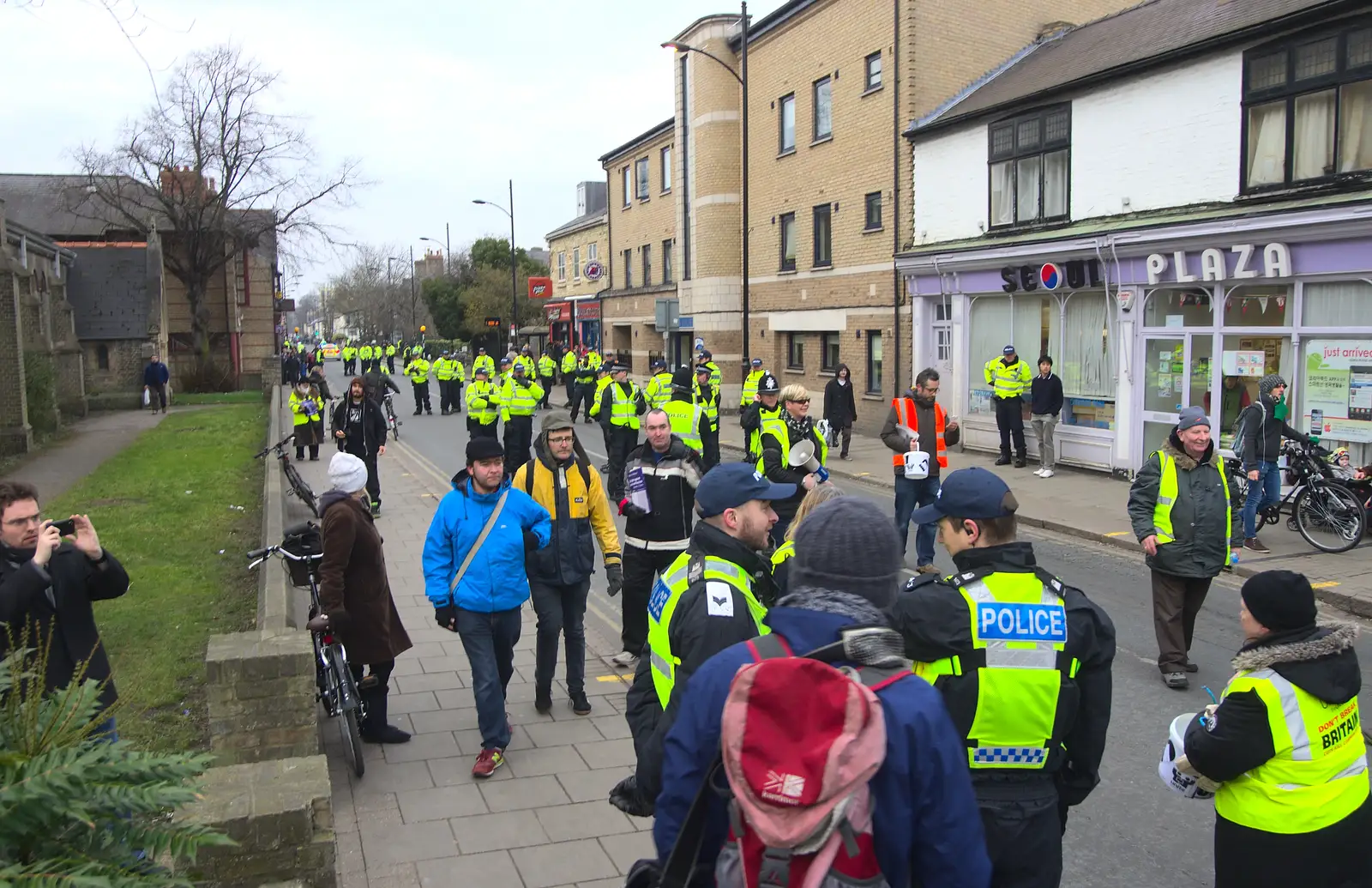 Police a spread out up Mill Road, from An Anti-Fascist March, Mill Road, Cambridge - 23rd February 2013