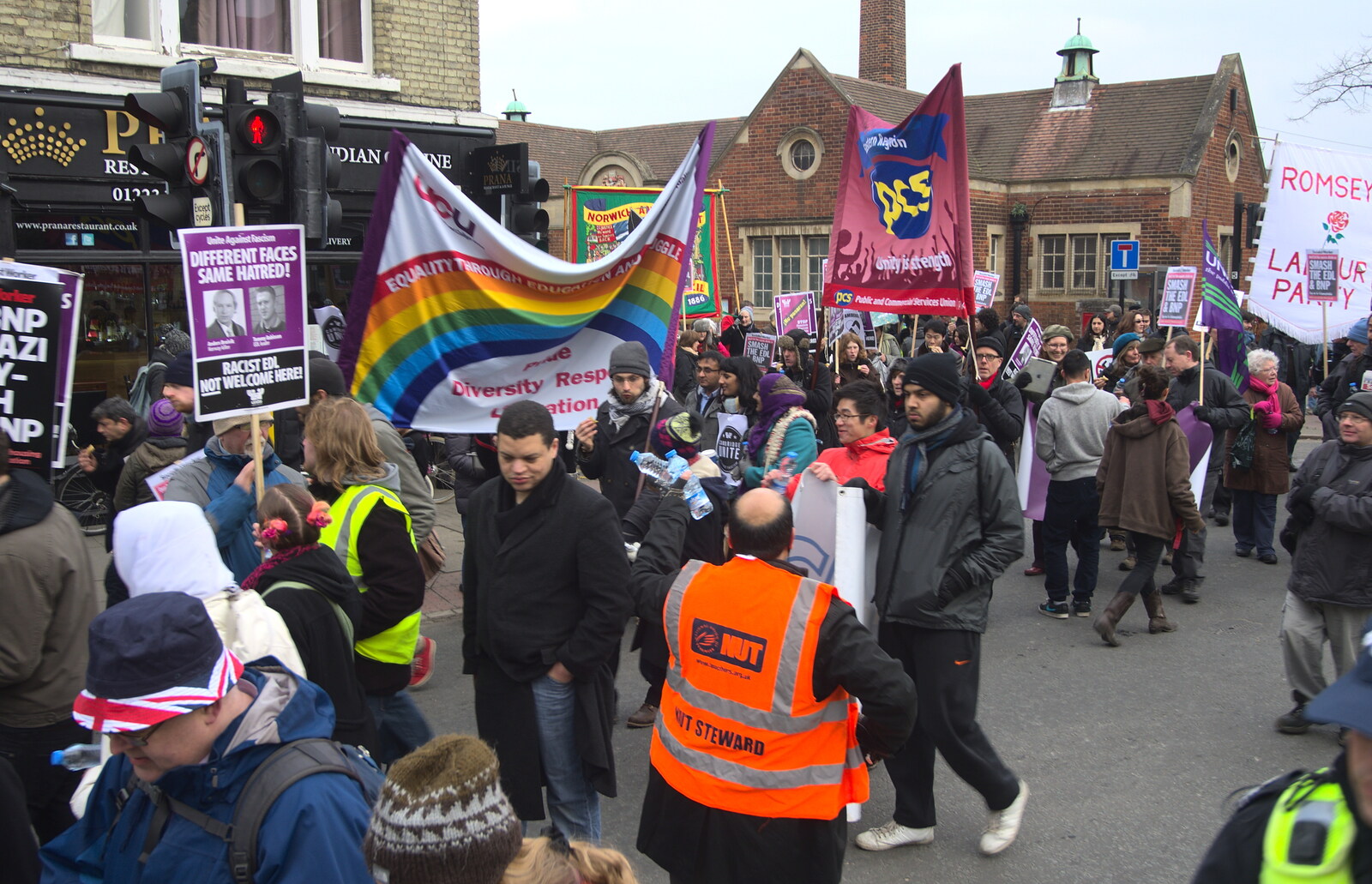 Rainbow flags from An Anti-Fascist March, Mill Road, Cambridge - 23rd February 2013