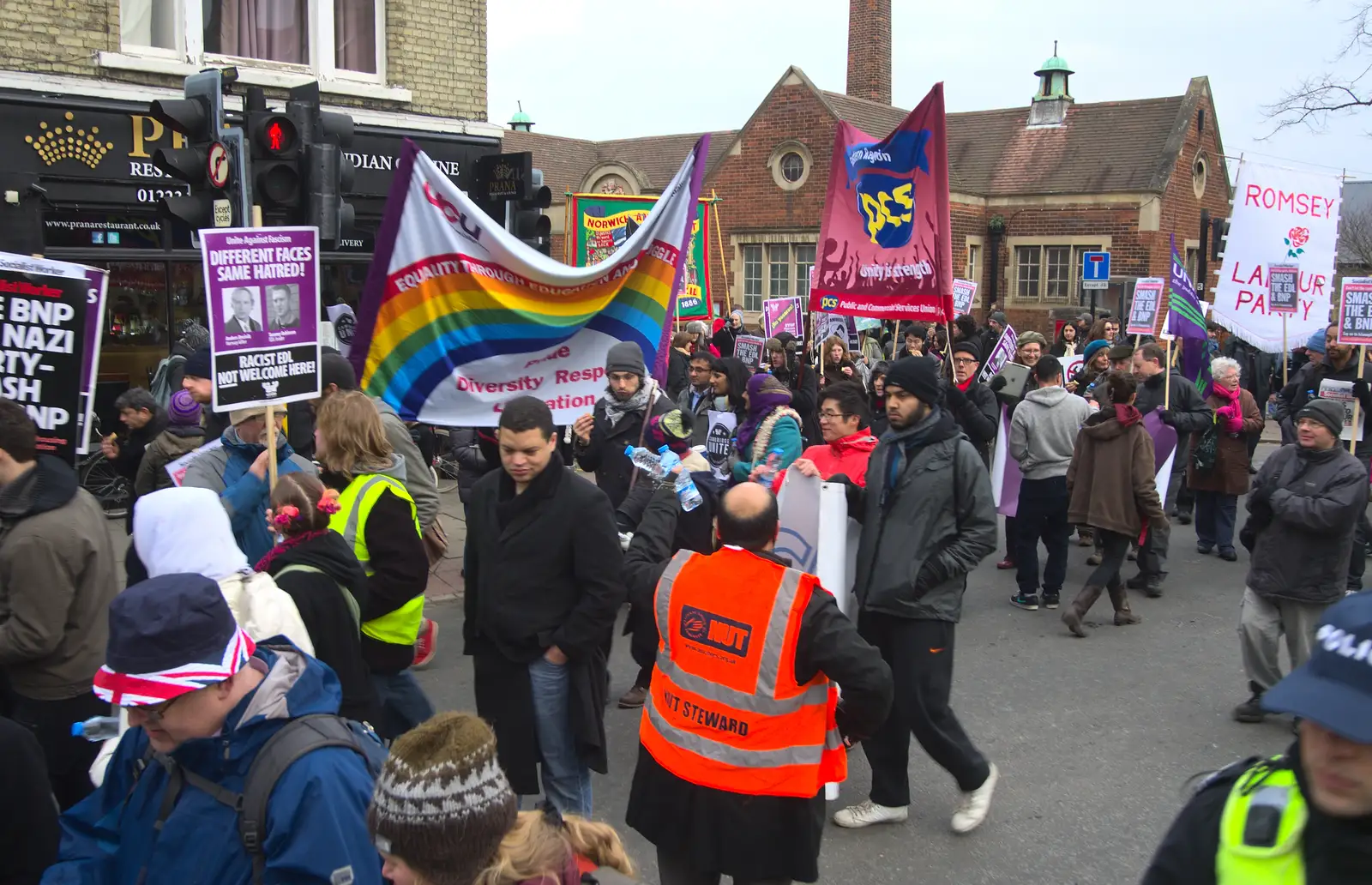 Rainbow flags, from An Anti-Fascist March, Mill Road, Cambridge - 23rd February 2013