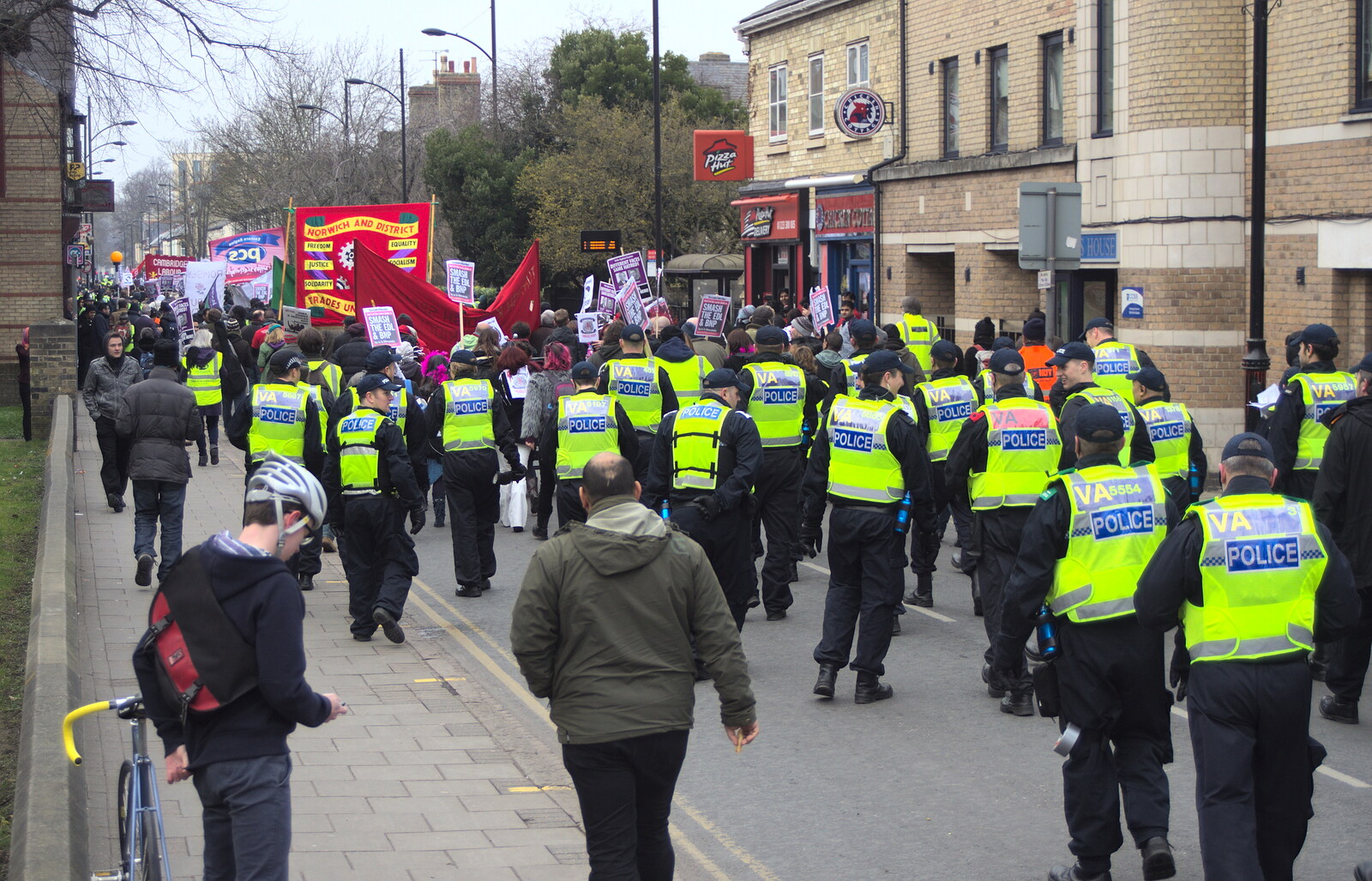 A mass of police follows the demo up the road from An Anti-Fascist March, Mill Road, Cambridge - 23rd February 2013