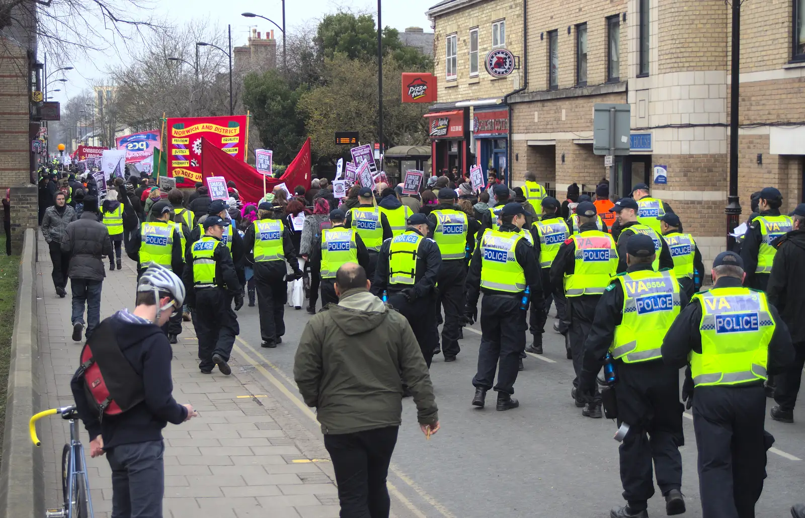 A mass of police follows the demo up the road, from An Anti-Fascist March, Mill Road, Cambridge - 23rd February 2013