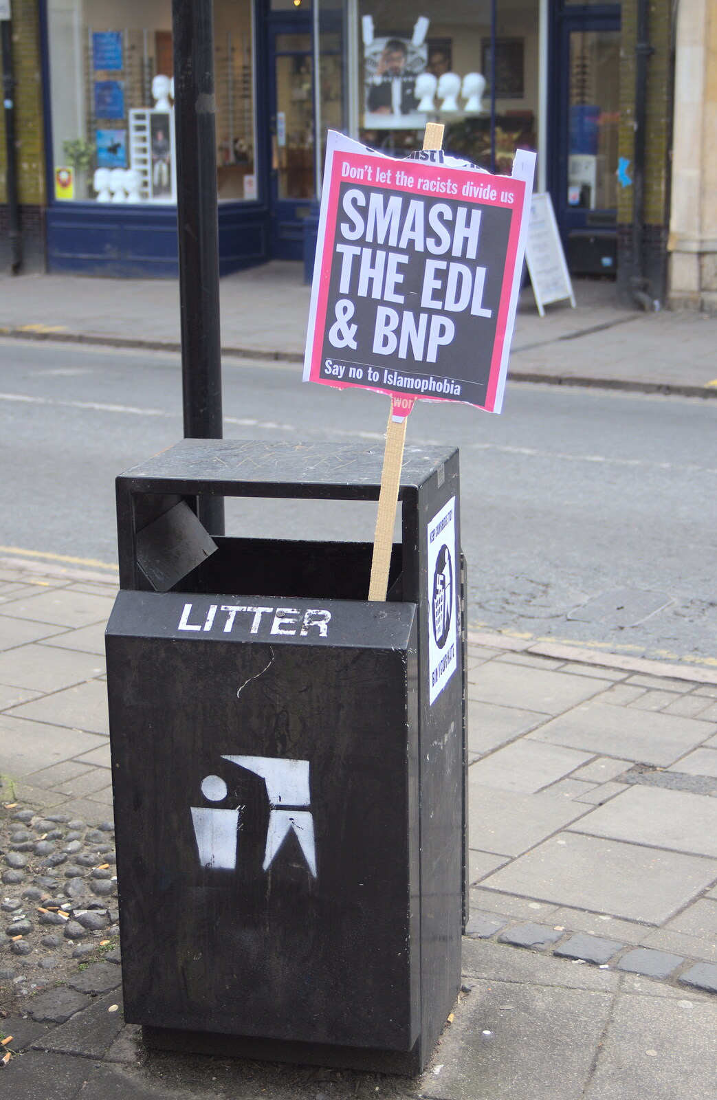 A placard is left in a bin from An Anti-Fascist March, Mill Road, Cambridge - 23rd February 2013