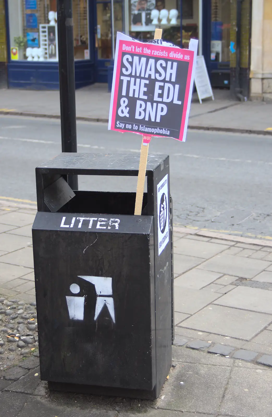 A placard is left in a bin, from An Anti-Fascist March, Mill Road, Cambridge - 23rd February 2013