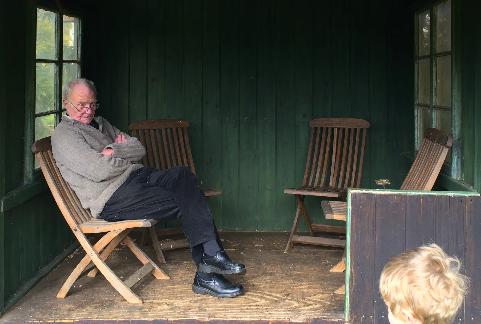 Grandad sits in the shed and scowls at Fred, from A Walk around Bressingham Winter Garden, Bressingham, Norfolk - 3rd March 2013