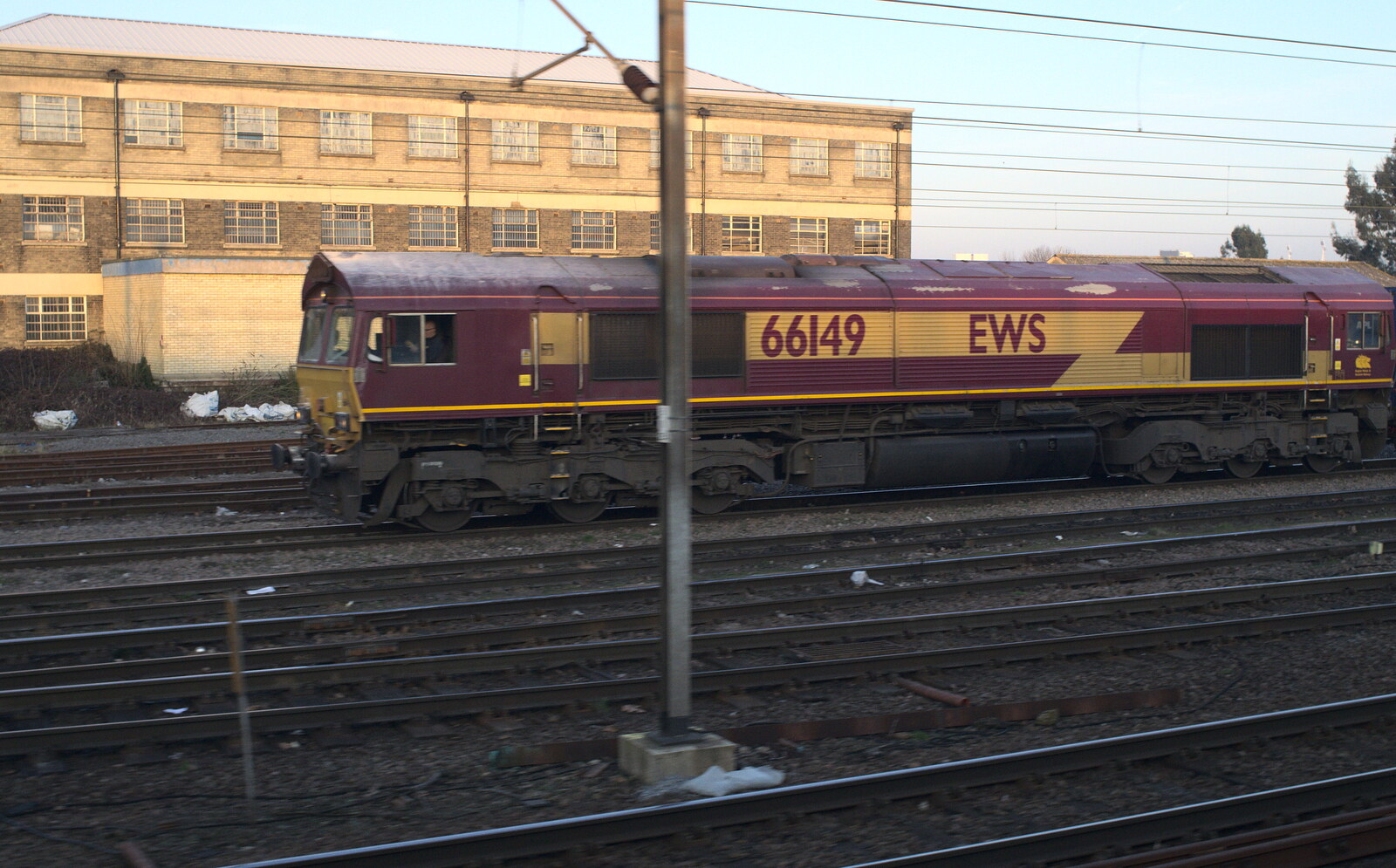 An EWS Class 66, 66149 at Ipswich Goods Junction from Demolition of the Bacon Factory, and Railway Dereliction, Ipswich and London - 5th March 2013