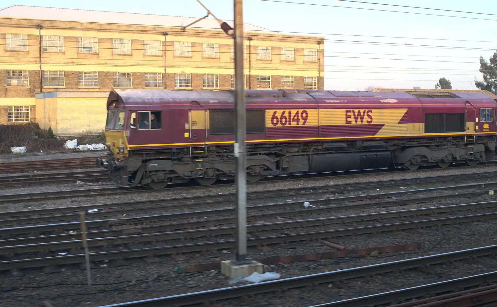 An EWS Class 66, 66149 at Ipswich Goods Junction, from Demolition of the Bacon Factory, and Railway Dereliction, Ipswich and London - 5th March 2013