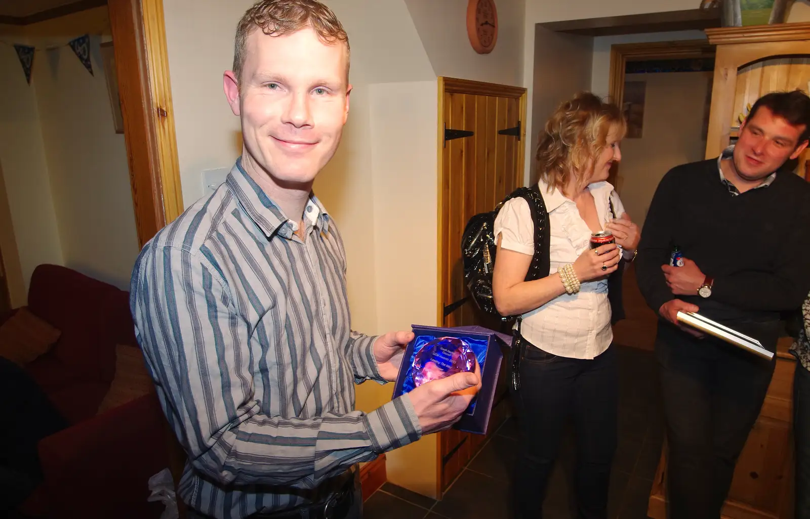 Mikey shows off an award, from Mikey P and Andy's 40th Birthday, Thorpe Abbots, Norfolk - 16th March 2013