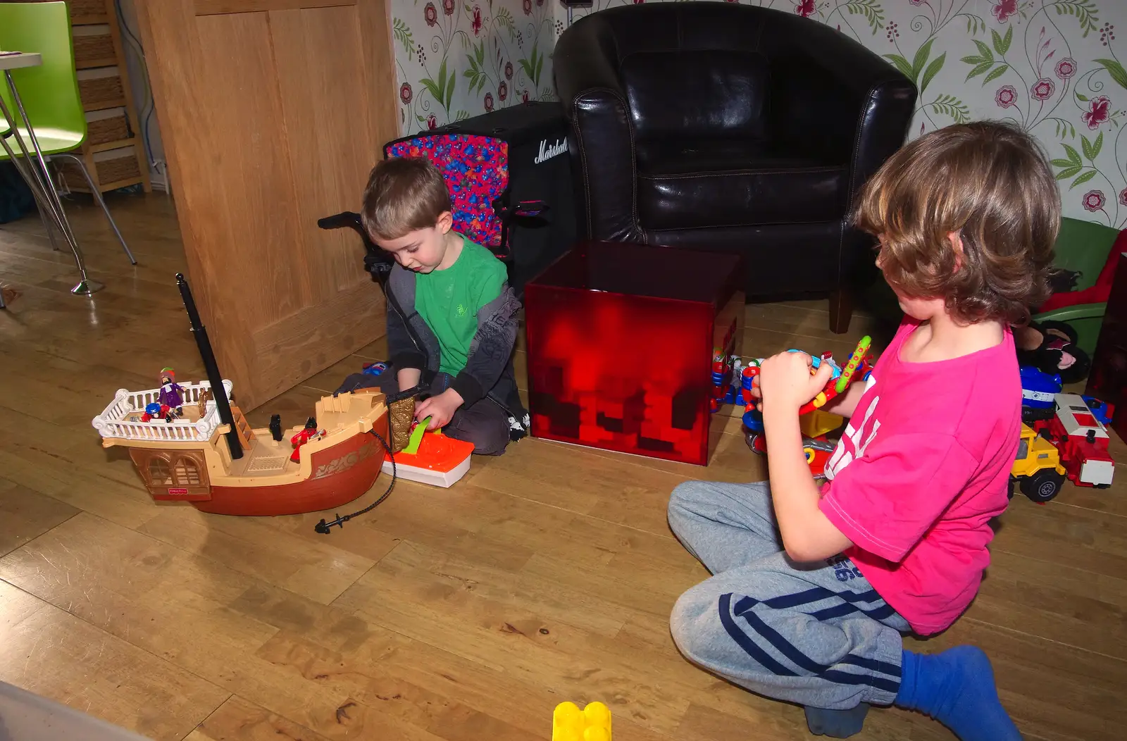 Fred plays with Rowan's Playmobil ship, from A Trip to Highcliffe Castle, Highcliffe, Dorset - 18th March 2013