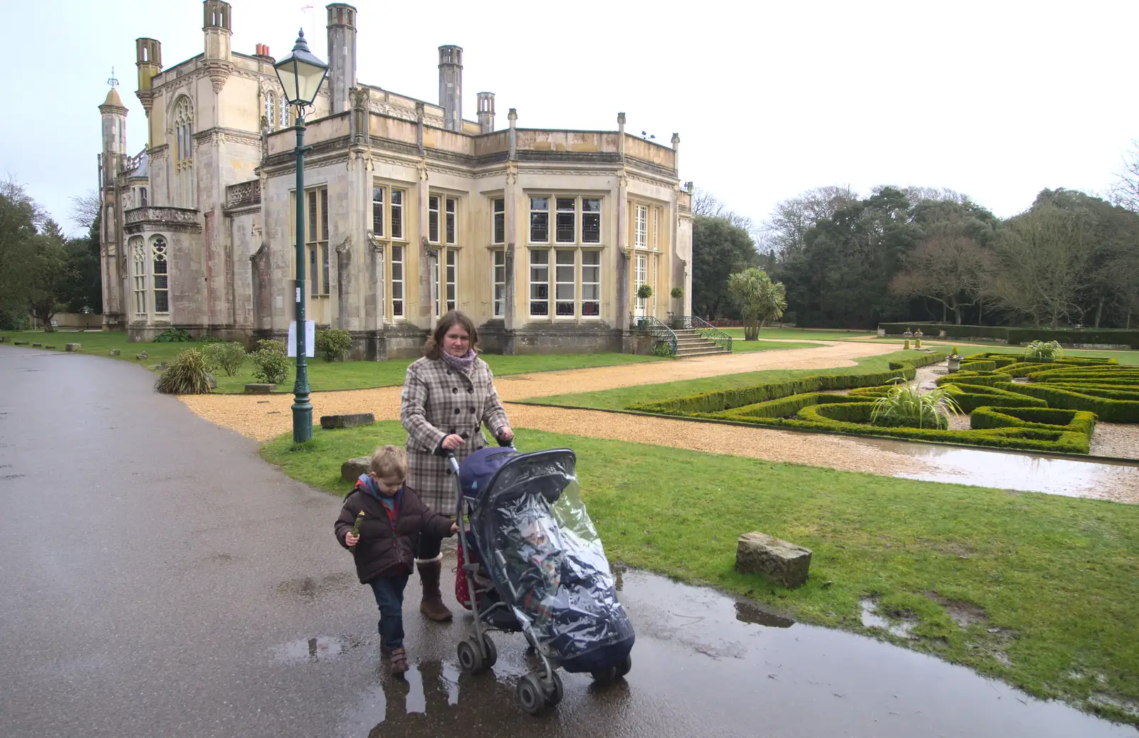 Isobel pushes Harry around in the rain, from A Trip to Highcliffe Castle, Highcliffe, Dorset - 18th March 2013