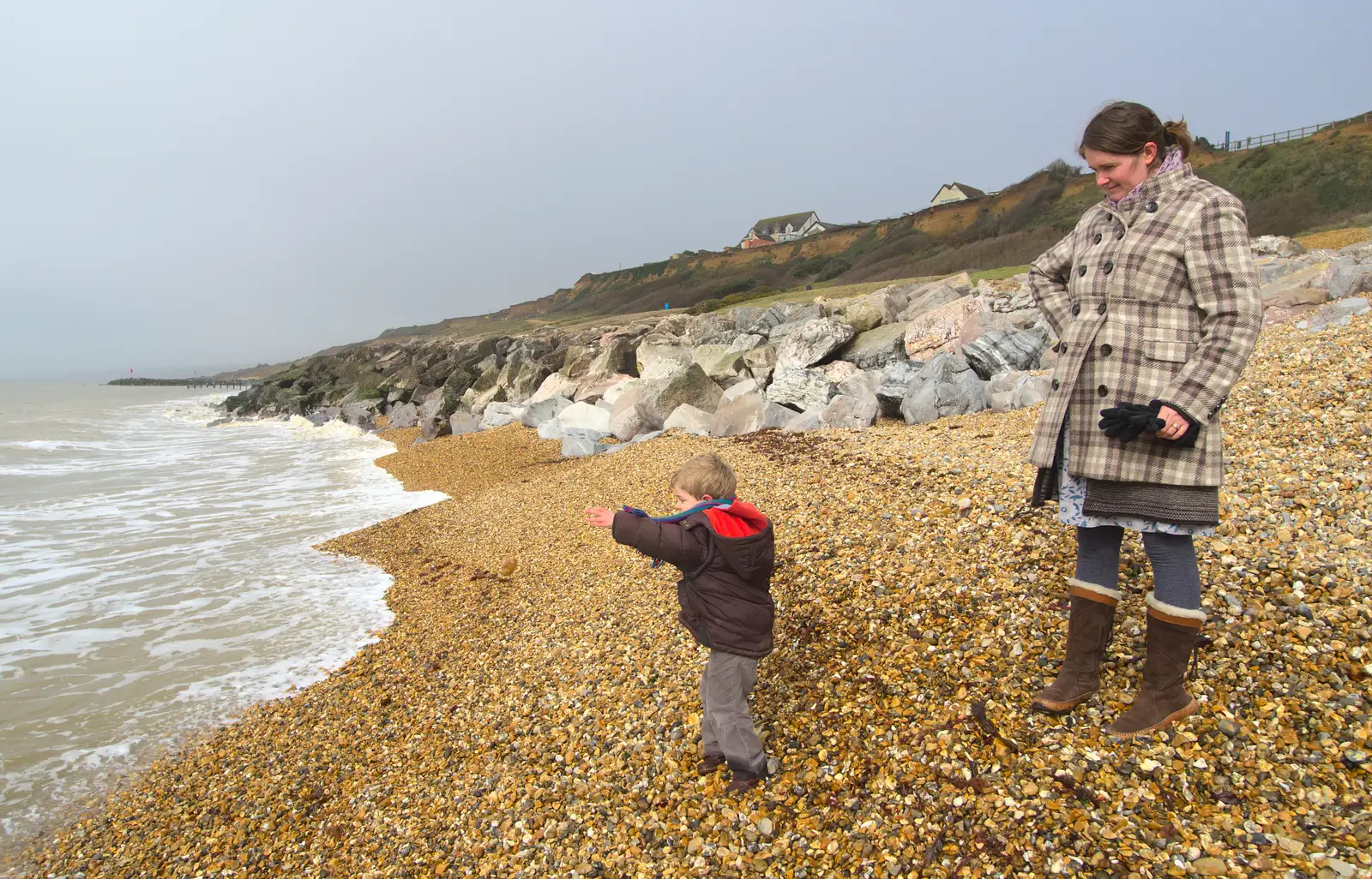 Fred and Isobel on Barton beach, from Barton on Sea Beach, and a Trip to Christchurch, Hampshire and Dorset - 19th March 2013