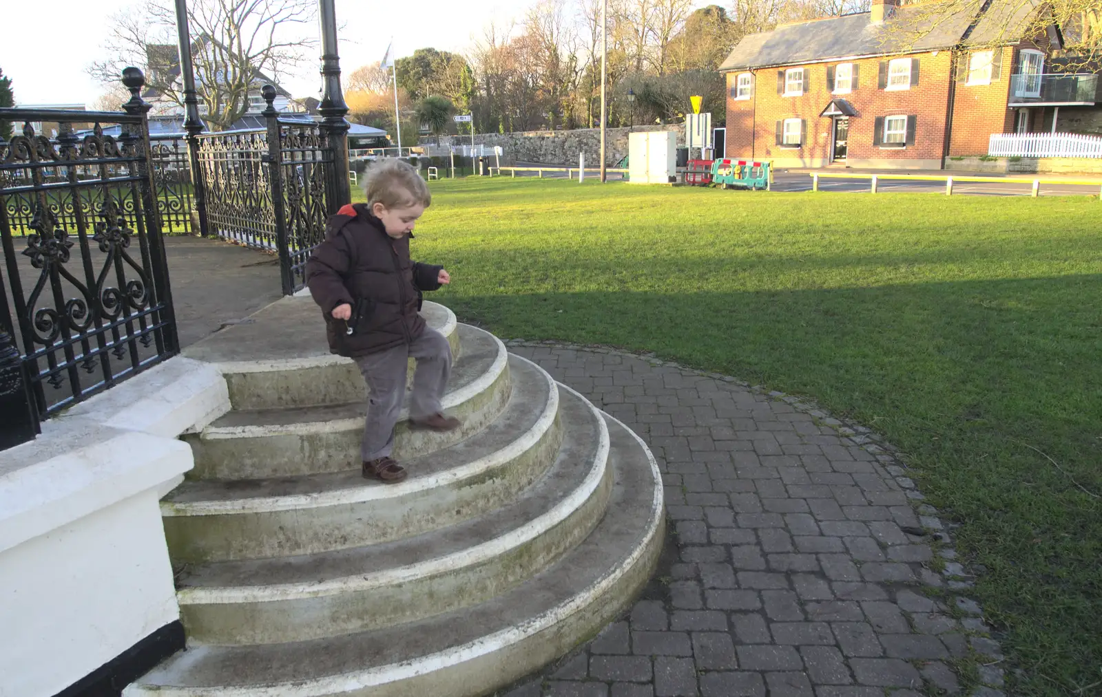 Fred on the steps, from Barton on Sea Beach, and a Trip to Christchurch, Hampshire and Dorset - 19th March 2013