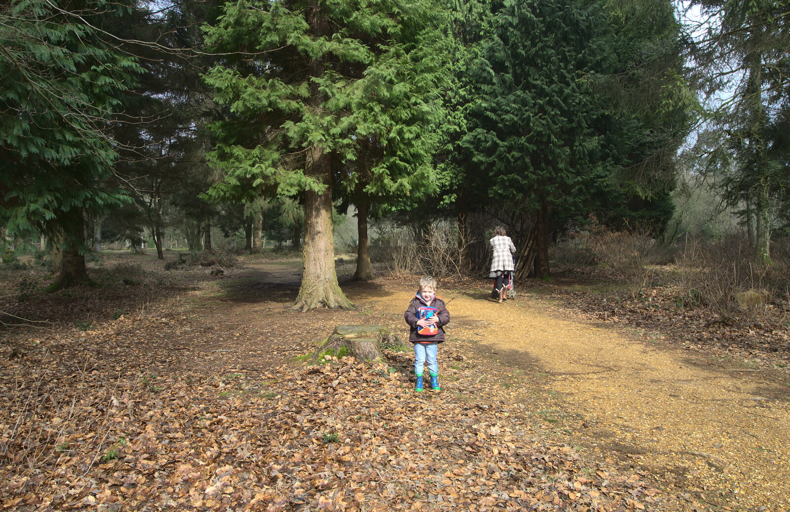 Fred clutches his back pack from The Ornamental Drive, Rhinefield, New Forest - 20th March 2013