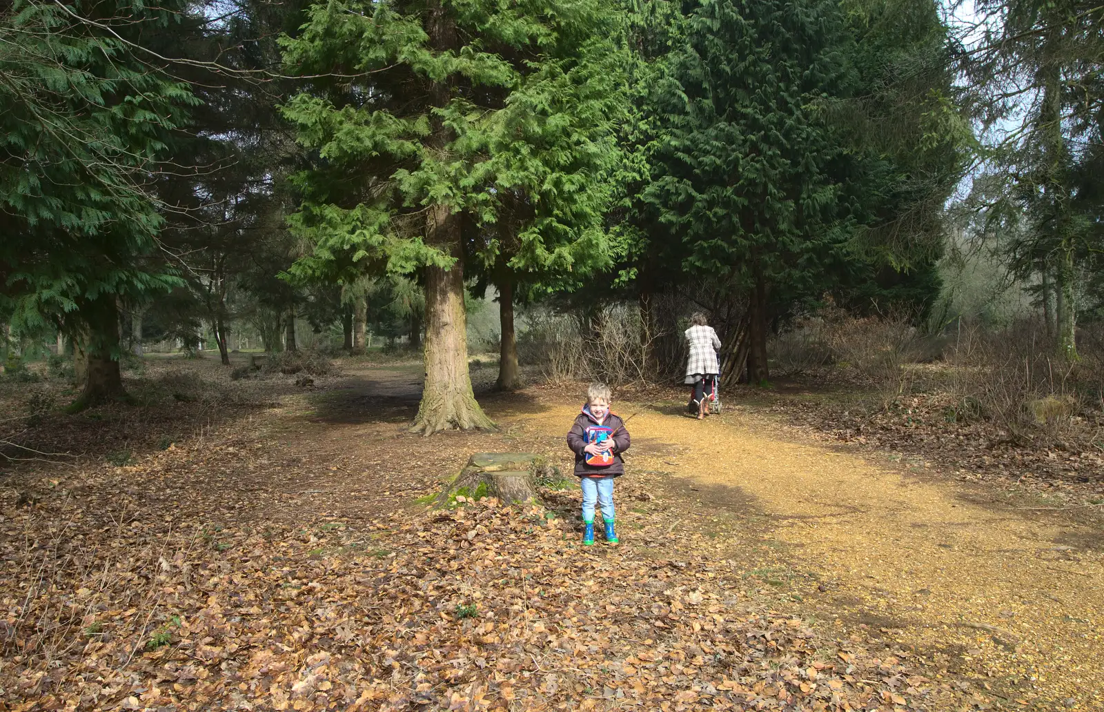 Fred clutches his back pack, from The Ornamental Drive, Rhinefield, New Forest - 20th March 2013