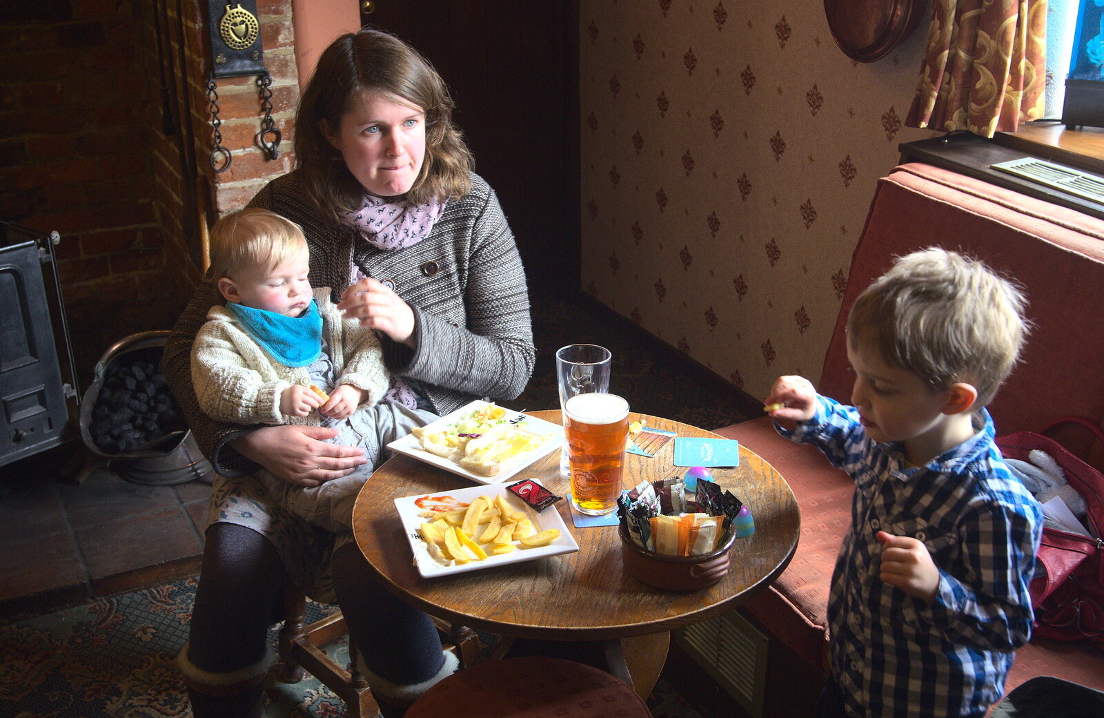 The boys share some chips for lunch from An Easter Visit from Da Gorls, Brome, Suffolk - 2nd April 2013