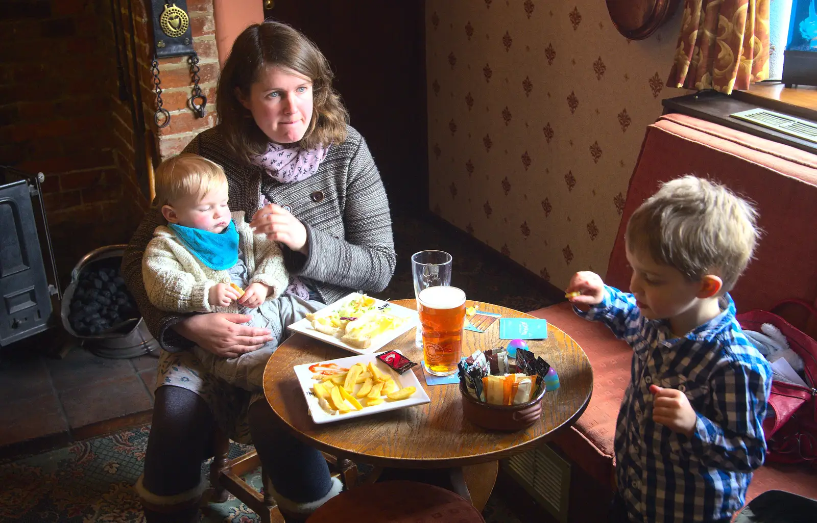 The boys share some chips for lunch, from An Easter Visit from Da Gorls, Brome, Suffolk - 2nd April 2013