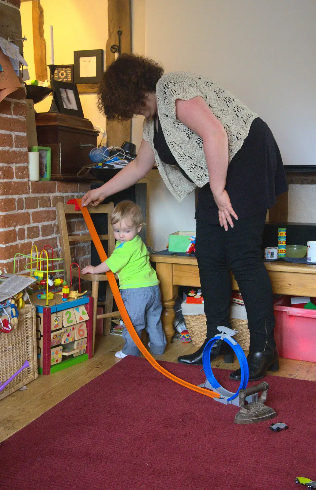 Louise helps Harry with some Hot Wheels, from A Walk at Grandad's, Bramford Dereliction and BSCC at Yaxley, Eye, Suffolk - 2nd April 2013