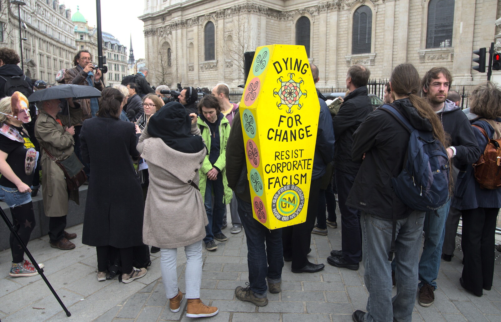 The continuing protest, with a yellow coffin from Margaret Thatcher's Funeral, St. Paul's, London - 17th April 2013