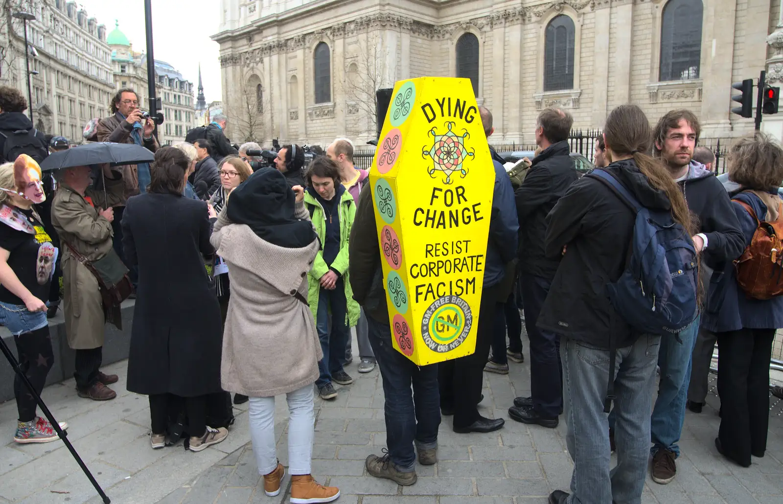 The continuing protest, with a yellow coffin, from Margaret Thatcher's Funeral, St. Paul's, London - 17th April 2013