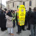 The continuing protest, with a yellow coffin, Margaret Thatcher's Funeral, St. Paul's, London - 17th April 2013