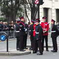 Military types hang around on a traffic island, Margaret Thatcher's Funeral, St. Paul's, London - 17th April 2013