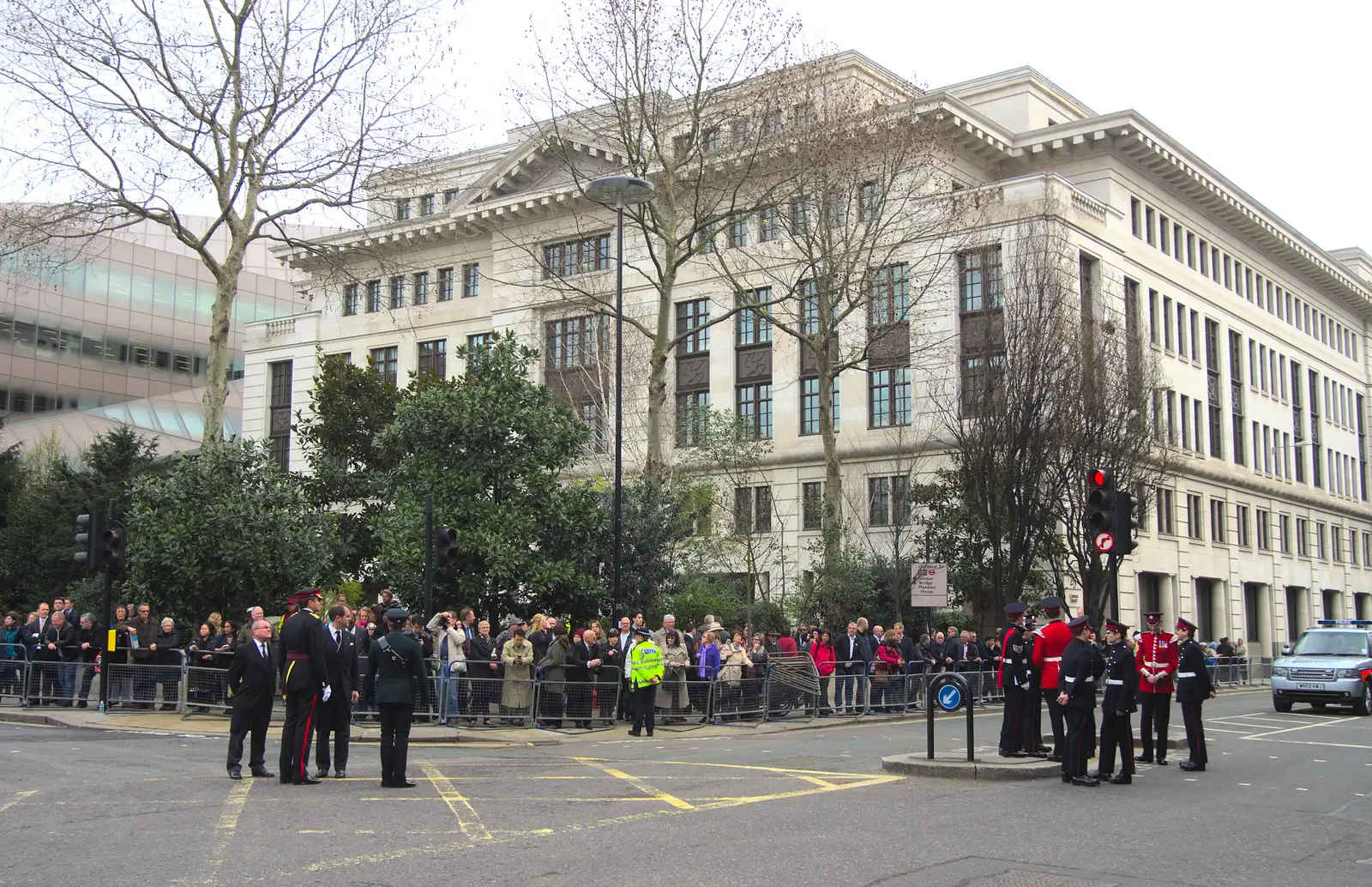 The corner of Cannon Street and New Change, from Margaret Thatcher's Funeral, St. Paul's, London - 17th April 2013