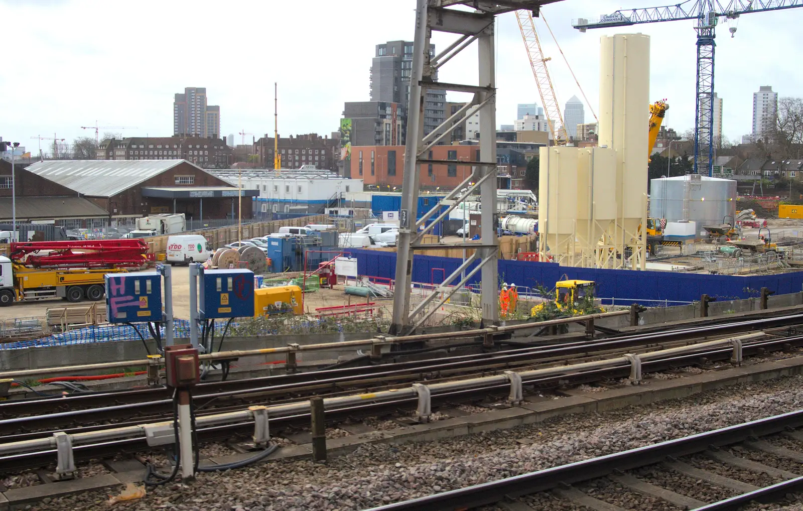 Concrete silos at Crossrail, from Margaret Thatcher's Funeral, St. Paul's, London - 17th April 2013