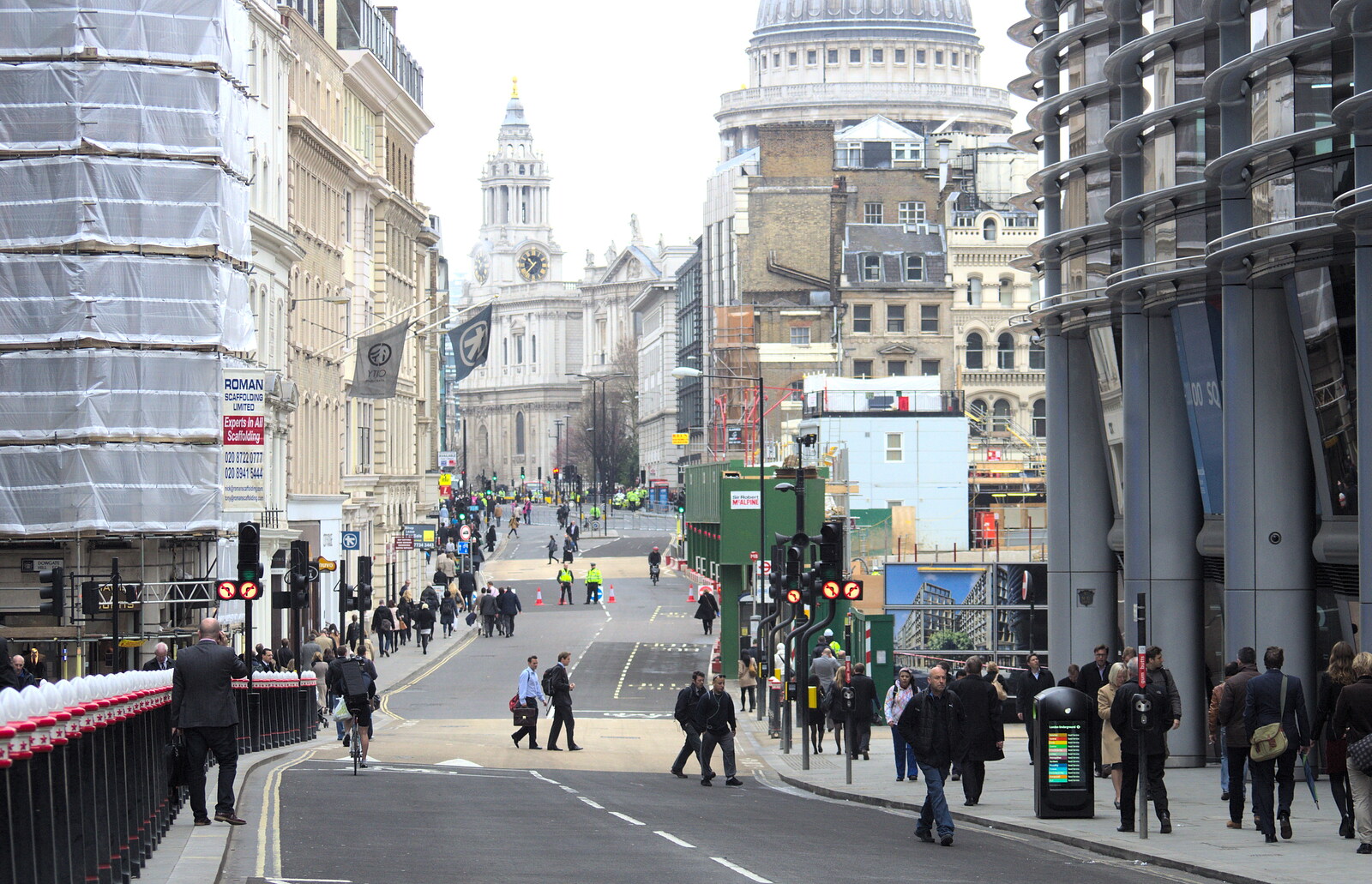 The eerie sight of a car-free Cannon Street from Margaret Thatcher's Funeral, St. Paul's, London - 17th April 2013