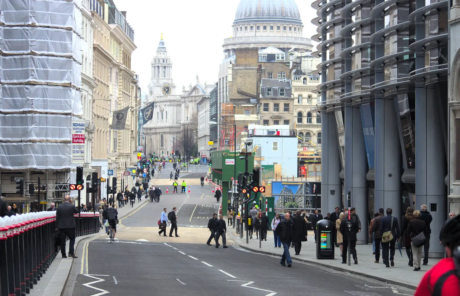 The eerie sight of a car-free Cannon Street, from Margaret Thatcher's Funeral, St. Paul's, London - 17th April 2013