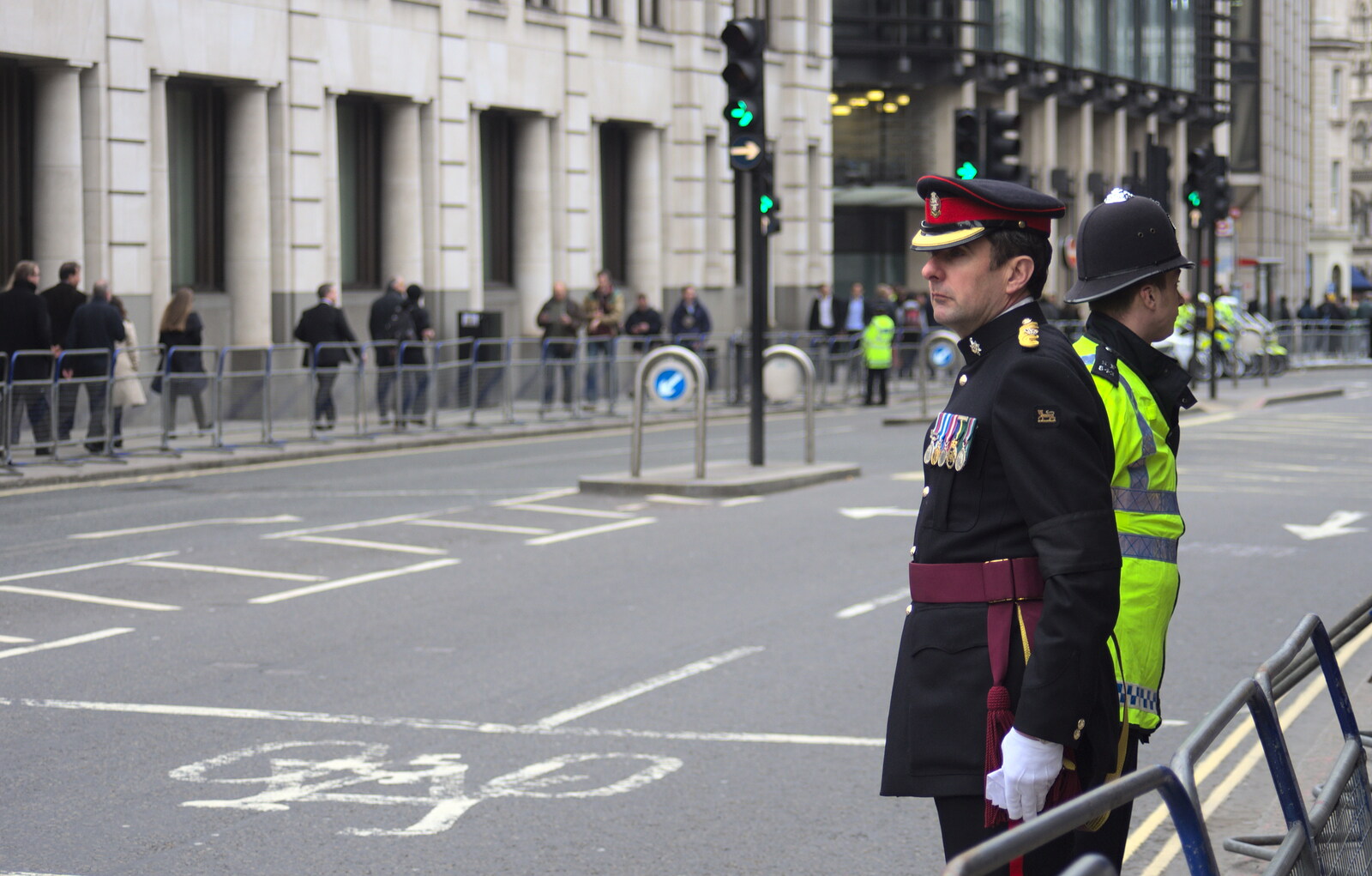A military type and a rozzer, on Cannon Street from Margaret Thatcher's Funeral, St. Paul's, London - 17th April 2013