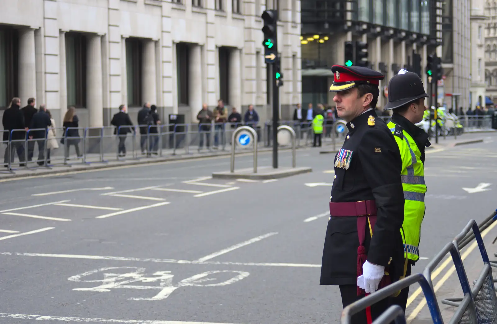 A military type and a rozzer, on Cannon Street, from Margaret Thatcher's Funeral, St. Paul's, London - 17th April 2013