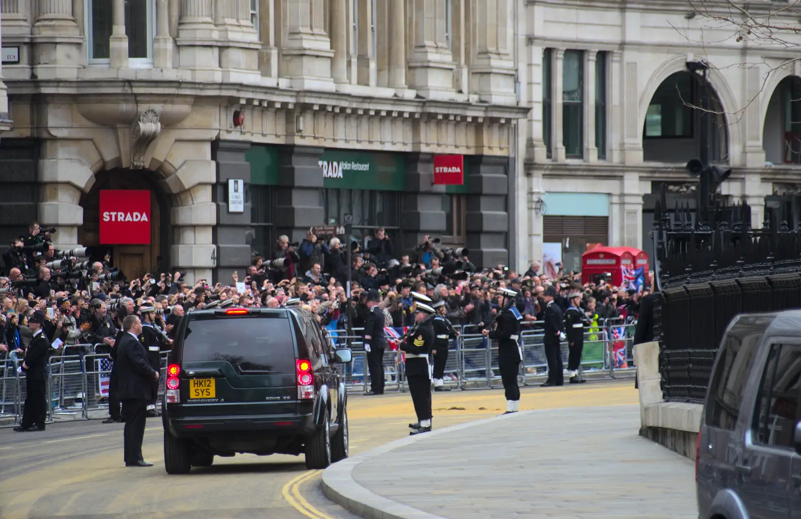 A heavily-armed Land Rover unit roams around, from Margaret Thatcher's Funeral, St. Paul's, London - 17th April 2013