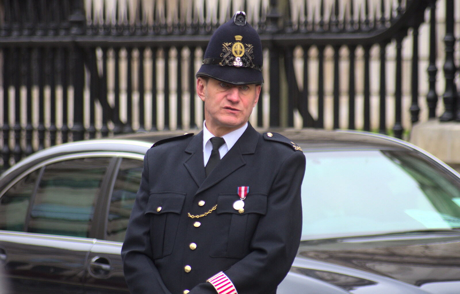 A City of London Rozzer, in ceremonial uniform from Margaret Thatcher's Funeral, St. Paul's, London - 17th April 2013