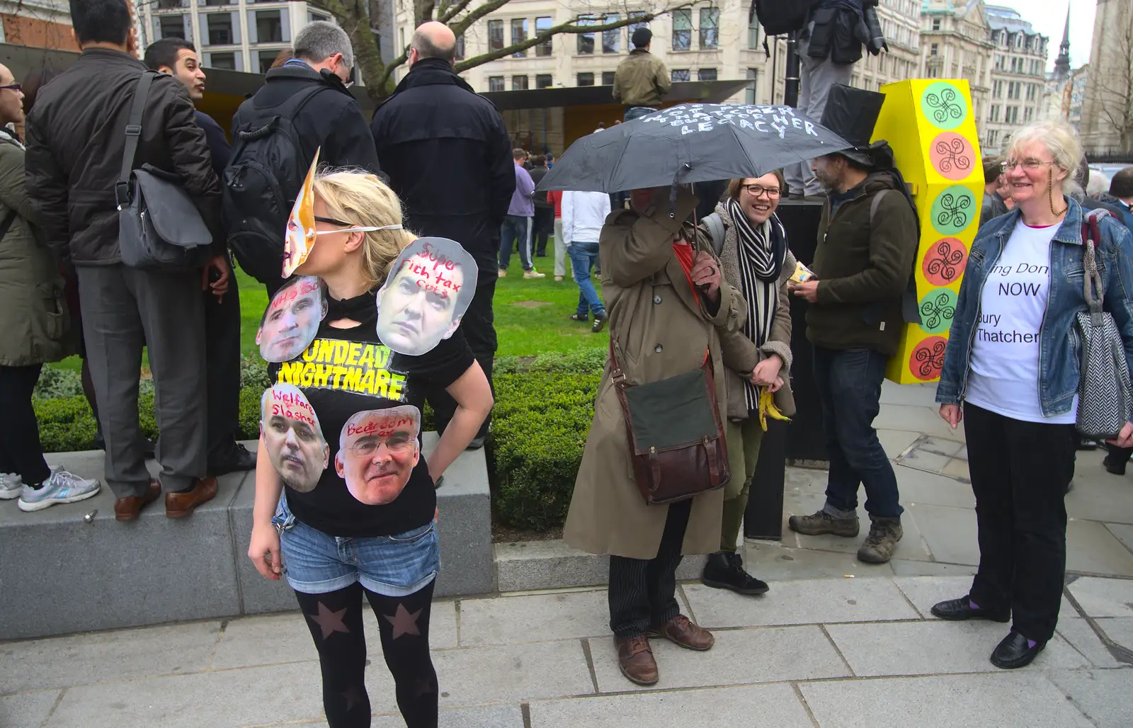 Someone with a creepy Thatcher mask on, from Margaret Thatcher's Funeral, St. Paul's, London - 17th April 2013